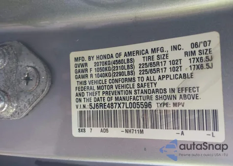 2007 Honda Cr-V Ex-L из США, поврежденный, VIN 5J6RE487X7L005596